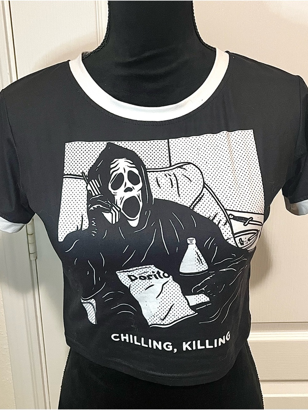 comic-style graphic of Ghostface from Scream Crop- Womens
